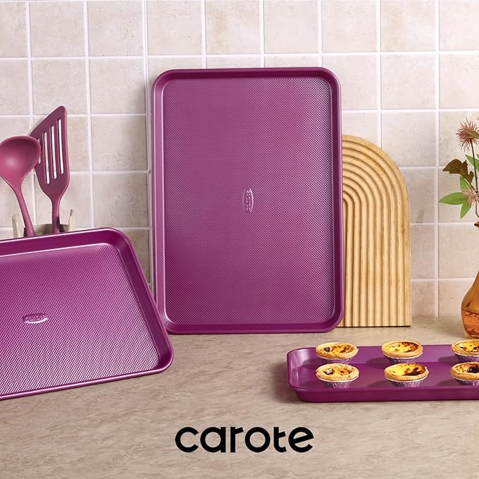 CAROTE 3-Piece Baking Pan Set - Bakeware Set, Baking Sheet Set Including 13 Inch 15 Inch 17 Inch Sheet Pan, Cookie Sheet for Baking, Royal Violet