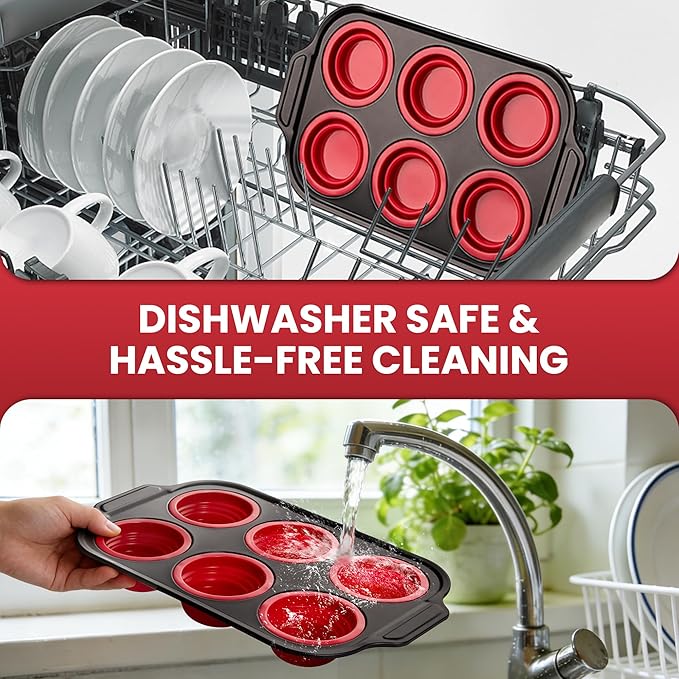 Silicone Muffin Pan for Baking with Metal Reinforced Frame - 6 Cups Regular Size Cupcake Pan Muffin Tins Egg Bite Molds - Nonstick, Easy to Pop, Bakeware for Oven, BPA Free (6-Cups Red)