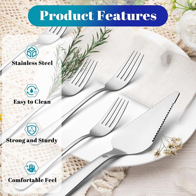 Eisinly 1 Pcs Cake Pie Server and 4 Forks Set for Wedding, Elegant Pizza Slicer Server Set with Stainless Steel Big Serrated Edges, Cake Cutter Pie Spatula for Birthday Anniversary, Silver