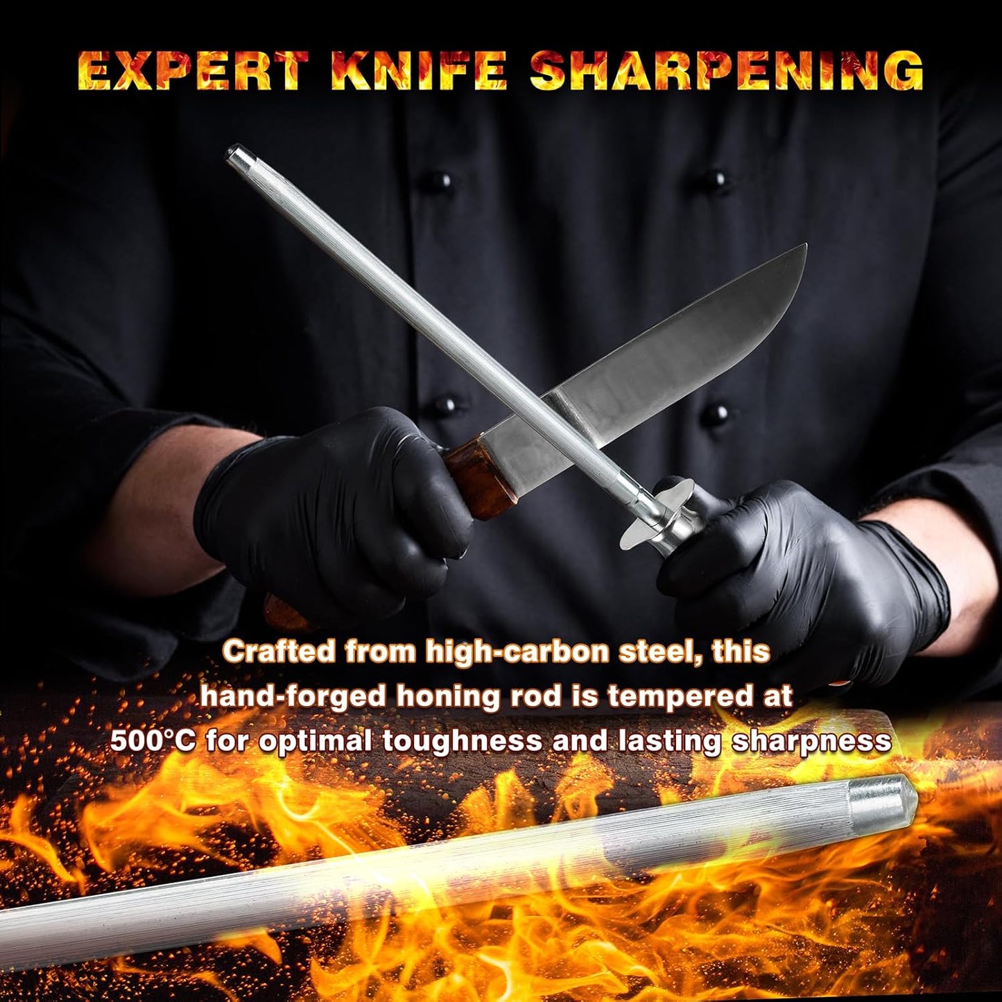 Knife Sharpener Rod, Kitchen Knives Sharpener Carbon Steel Professional Knife Sharpening Steel, Honing Rod with Hanging Holes (13 inches), L