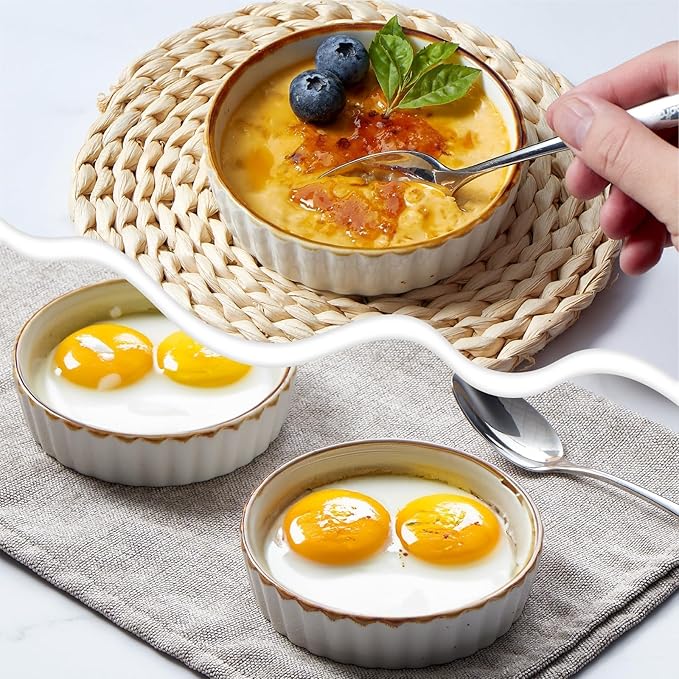 ONEMORE Ramekins 4 oz - Oven Safe Shallow Ramekins with Brown Rim for Creme Brulee - Speckled, Fluted, Set of 6