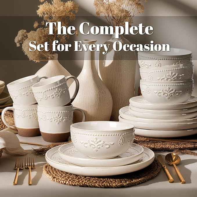 Artena Plates And Bowls Sets, 16 Pieces Dinnerware Sets, Dish Set For 4, Ceramic Kitchen Bowl And Plate Set, Embossed White Dishware Sets, Dishwasher & Microwave Safe (Damask Floral) (With Mugs)
