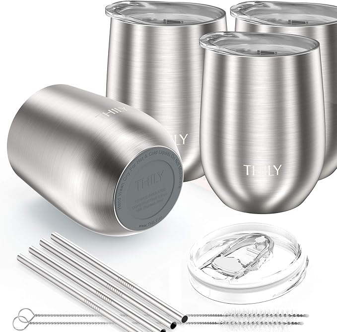THILY Metal Insulated Stemless Wine Glasses 4 Pack Stainless Steel Wine Tumbler with Lid and Straw, Travel Cup Set, Reusable, Keep Cold & Hot for Wine, Coffee, Drinks, Silver