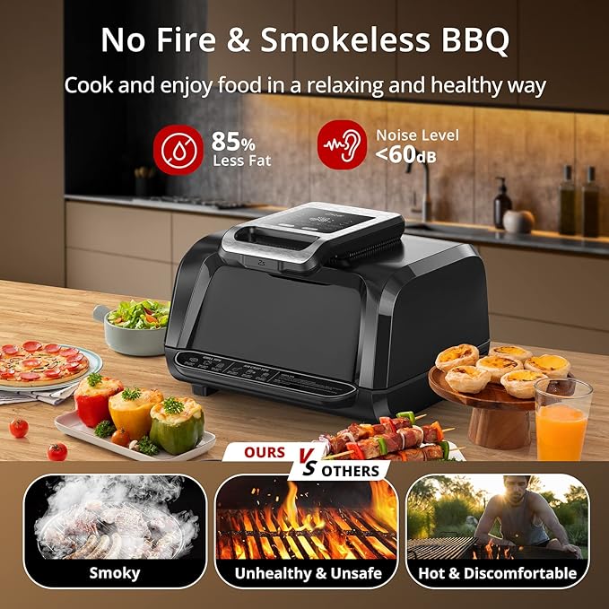 Zstar Indoor Grill Air Fryer Combo with See-Through Window, 7-in-1 Smokeless Electric Air Grill up to 450°F, 1750W Contact Grill with Non-Stick Removable Plates, Even Heat, Silicon Tongs as Gift, 4Qt