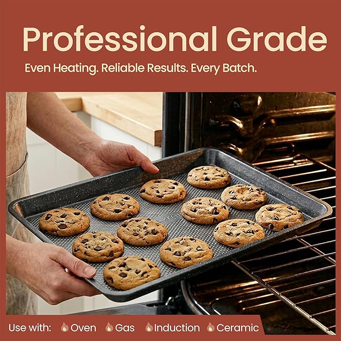 BAKKEN Kitchen Baking Pans - Small, Medium, and Large Cookie Pan (13.58×9.65, 15.75×11, 17.91×12.60), Nonstick, Diamond Texture Bottom, PFOA, PFOS, PTFE Free, Oven Safe (450°F), Pack of 3, Gray Marble