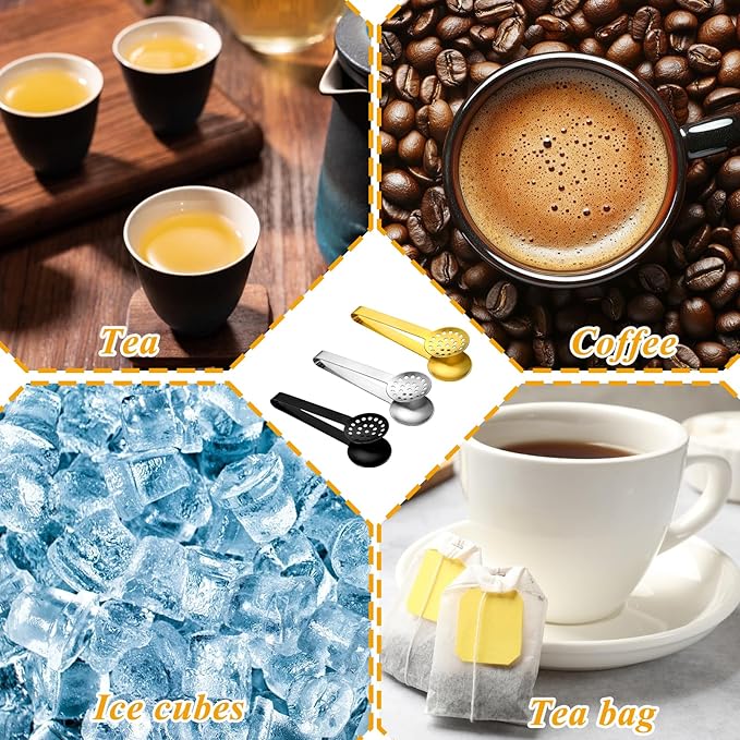3 Pcs Tea Bag Squeezer Tongs, Stainless Steel Teabag Strainer Dispenser Tea Filter Spoon Clamp Dispenser Accessories for Gripping Teabags Ice Sugar Lemon Slice (Black, Silver, Gold)