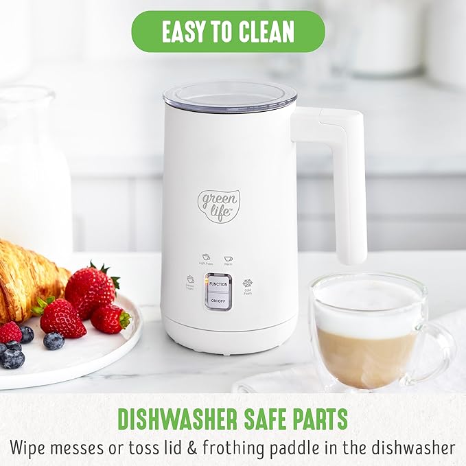 GreenLife Ceramic Electric Milk Frother, 10oz, 4-in-1, Auto Hot and Cold Foam, Dense and Light Foam, PFAS Free, Cordless Milk Warmer and Steamer for Latte, Coffee, White