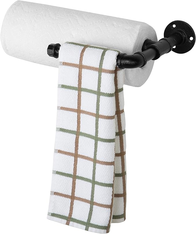 MyGift Wall-Mounted Paper Towel Holder Under Cabinet Hanging Dish Towel Rack and Paper Towel Dispenser with Industrial Metal Pipe