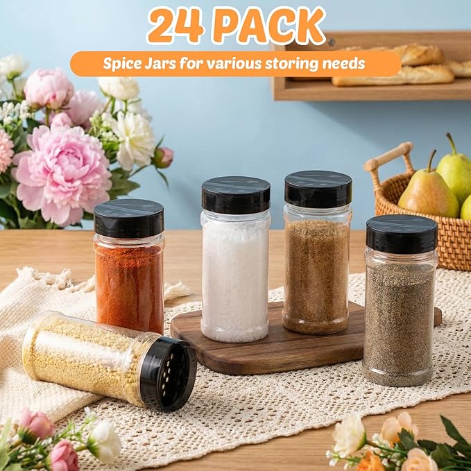 Jadive 24 Pcs Plastic Spice Jars with Shaker Lids Clear Spice Bottles Plastic Seasoning Containers Empty Shaker for Kitchen Storing Herbs Seasoning Powders Pepper Dry Goods (12 oz,Black)