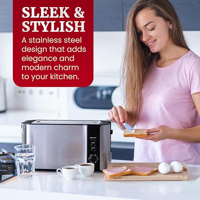 Elite Gourmet ECT3200 2-Slice, 1 Long Slot, Slim Toaster, Reheat, 6 Toast Settings, Defrost, Cancel Functions, Built-in Warming Rack, Extra Wide Slots for Bagels Waffles, Stainless Steel & Black