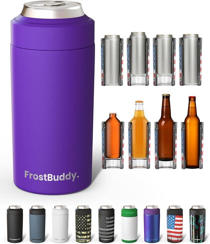 Frost Buddy Universal Buddy Can Cooler - Fits All - For Regular 12 & 16 oz or Slim-Size Bottles - Insulated Double-Walled Stainless Steel (Purple)