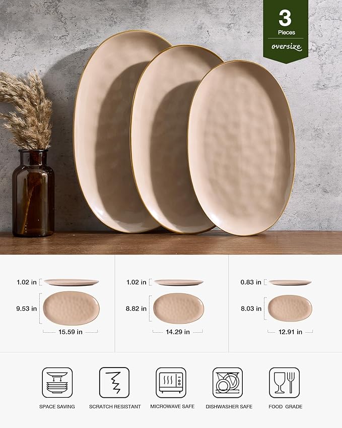 famiware Serving Platter, Oval 15.59/14.3/12.9 inch Serving Dishes for Entertaining, Serving Bowls, Microwave Safe, Stonware Serving Trays for Party, Turkey, Cheese, Ocean Series, Cinnamon Brown
