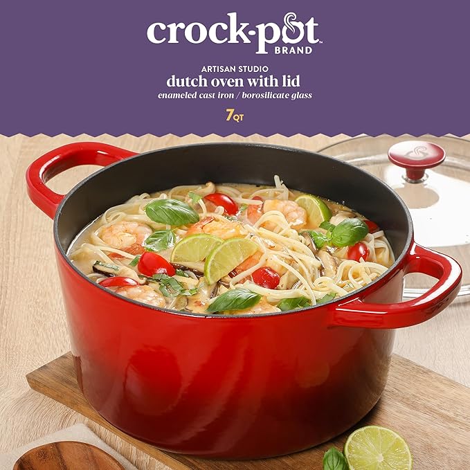 Crock Pot Artisan 7-Quart Round Enameled Cast Iron Dutch Oven With Oven Safe Borosilicate Glass Lid, Heavy-Duty Cookware for Baking, Roasting & Slow Cooking, Red