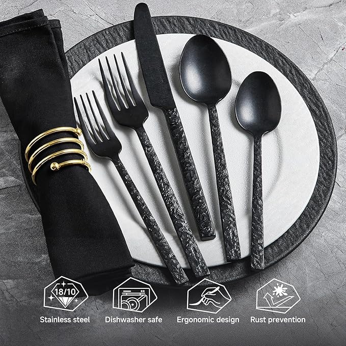 KINGSTONE 40 Pcs Black Hammered Silverware Set for 8, 18/10 Stainless Steel Heavy Duty Flatware Set, Tableware Cutlery Utensil Sets for Home Restaurant Dishwasher Safe