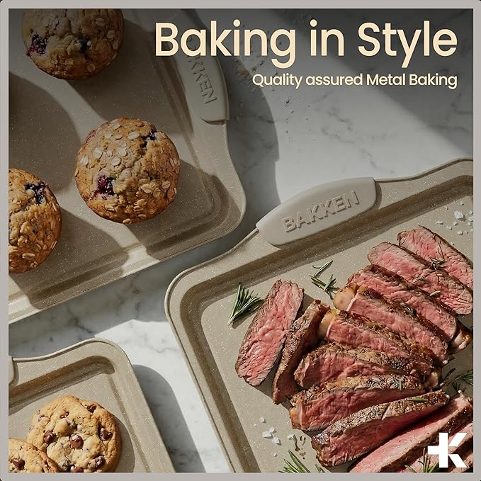 BAKKENMASTER 18-Piece Deluxe Nonstick Carbon Steel Bakeware Set - Professional Kitchen Oven Baking Pans with White Silicone Handles and Accessories