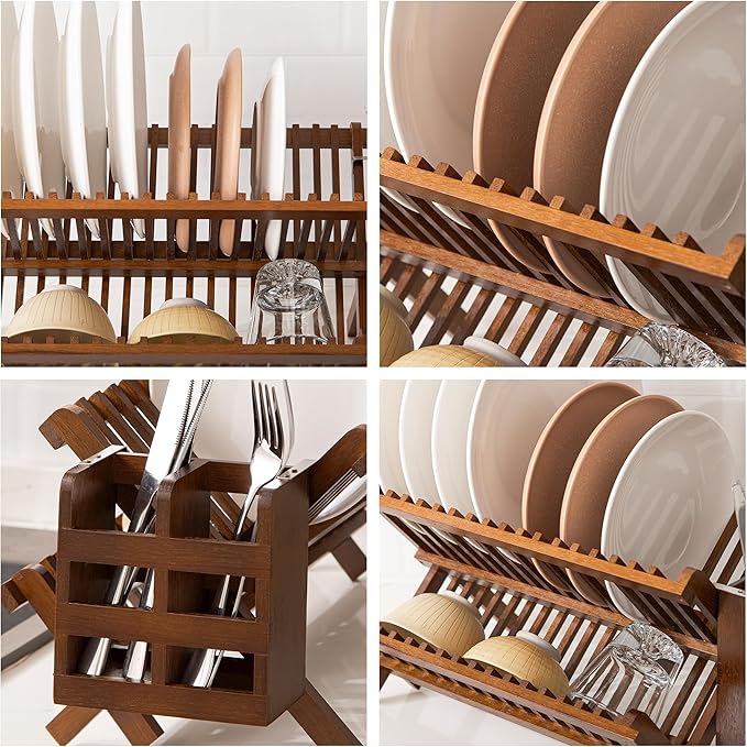 HBlife Dish Rack,Teak Folding 2-Tier Collapsible Drainer Dish Drying Rack with Utensils Flatware Holder Set (Dish Rack with Utensil Holder)