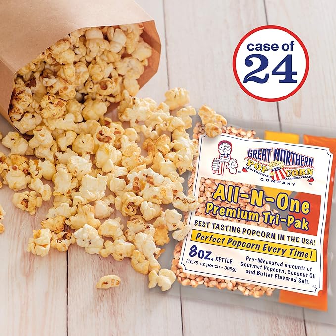 8 oz Popcorn Packs Â– Pre-Measured, Movie Theater Style, All-in-One Kernel, Salt, Oil Packets for Popcorn Machines by Great Northern Popcorn (24 Case)