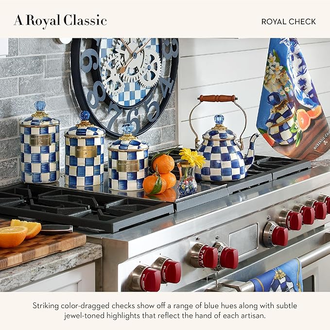 MACKENZIE-CHILDS Enamel Grinder, Refillable Manual Salt Grinder and Pepper Grinder, Blue-and-White Royal Check