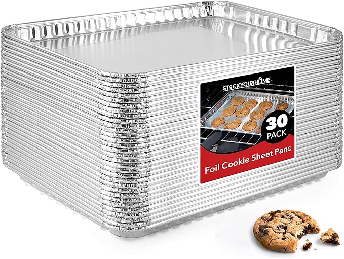 Stock Your Home Disposable Cookie Sheets for Baking (30-Pack) Aluminum Trays, Foil Pans, Shallow Sheet Pan for Cooking Thin Crust Pizza, Brownie Tins, Oven Liners