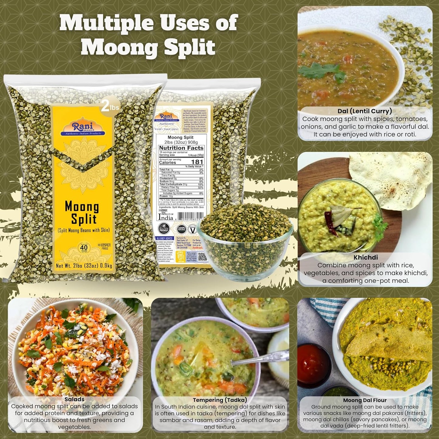 Rani Moong Split (Split Mung Beans with Skin) Lentils Indian 32oz (2lbs) 908g ~ All Natural | Gluten Friendly | Non-GMO | Kosher | Vegan | Indian Origin