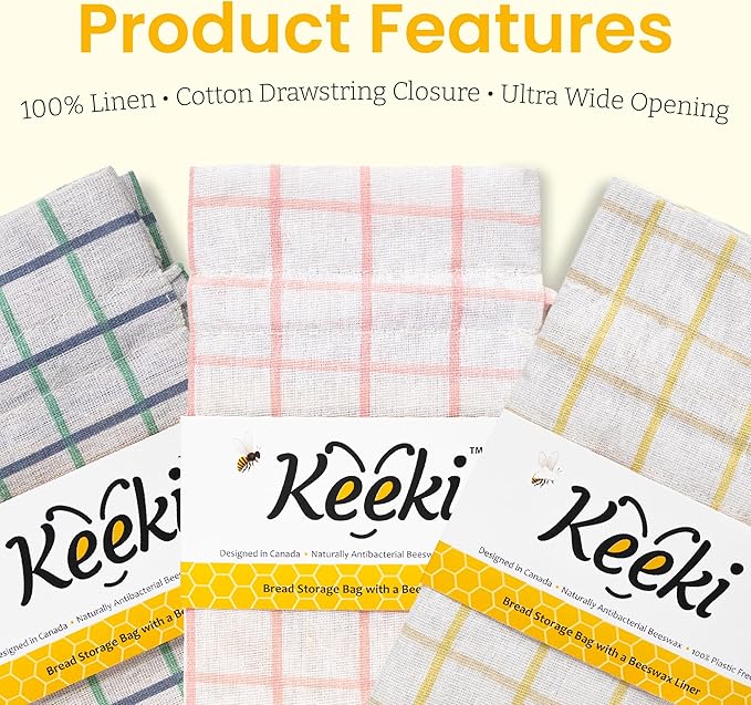 Keeki Bag - The Original Beeswax Lined Bread Bag for Homemade & Sourdough | Reusable Linen Bread Storage | Beeswax Wrap Alternative | Plastic-Free Storage w/Wide Drawstring Closure (Blue)