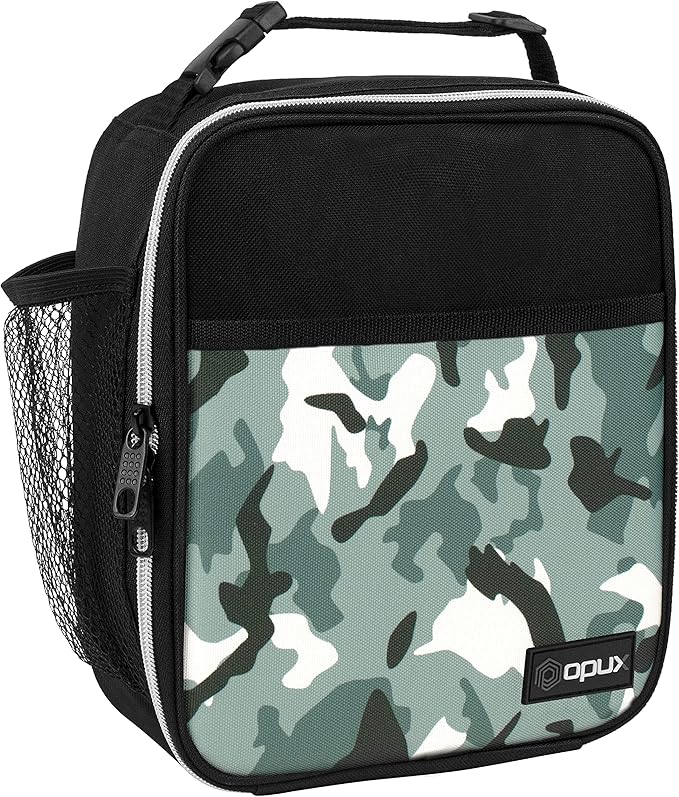 opux Premium Insulated Lunch Box, Soft School Lunch Bag for Kids Boys Girls, Leakproof Small Lunch Pail Men Women Work, Reusable Compact Cooler Tote Lunchbox for Office Adult, Camo Green