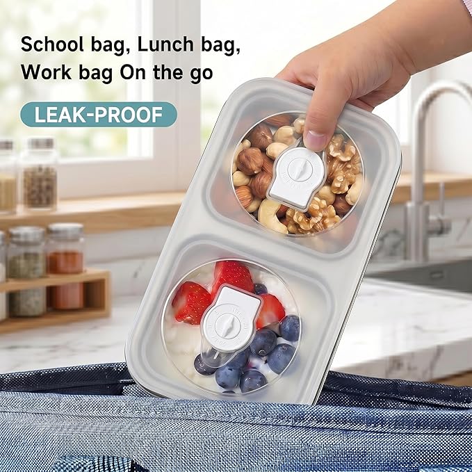 6 Pack Stainless Steel Snack Containers, 2 Compartment Reusable Metal Snack Boxes Containers with Leak-Proof Lids, Compact Lunch Box Food Storage Container