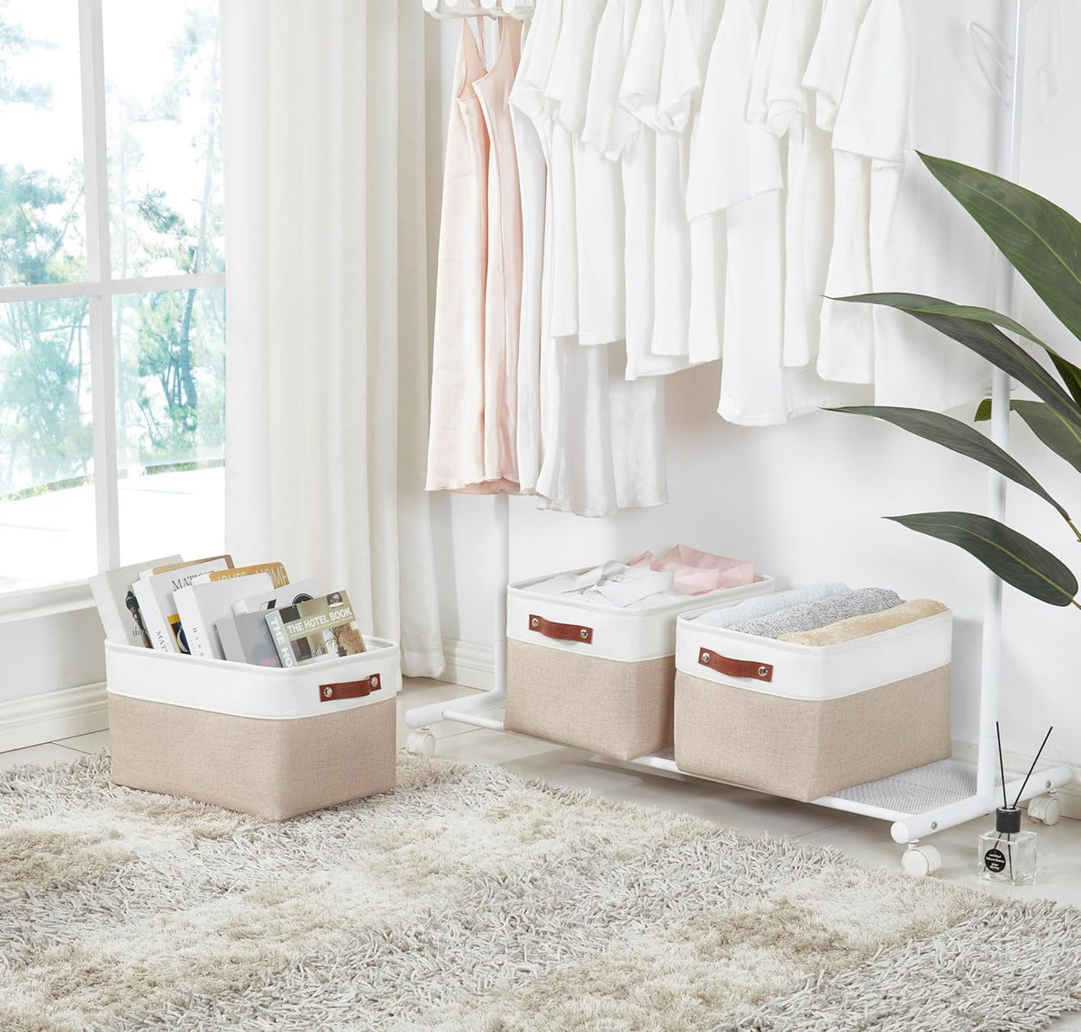 DECOMOMO Storage Baskets for Shelves - Fabric Storage Bins, Linen Closet Organizers and Storage (Beige & White, Large - 3 Pack)