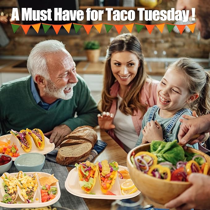 Small Disposable Taco Plates With Dipping Sides - 150 Pack, Biodegradable Cornstarch Taco Holder, Mini Size Fit 4-6 Inch Street Tortilla Shells, Sturdy & Microwave Safe, Bar Serving Set For A Party