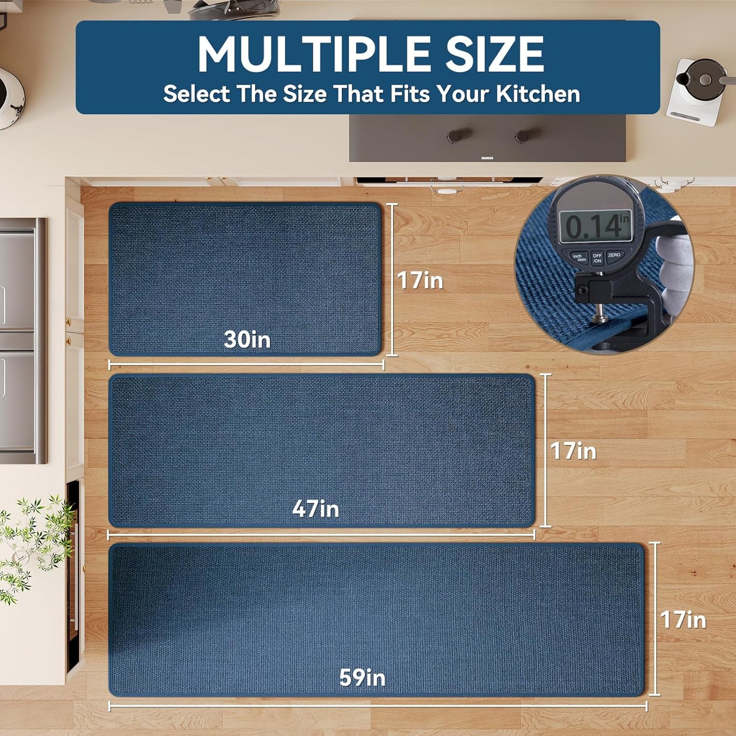Kitchen Mats for Floor, Super Absorbent Kitchen Rugs Non Slip Washable, Soft Imitation Linen Braided Kitchen Runner Rug, Standing Mat Sink Mat, Easy to Clean, Blue 17x47