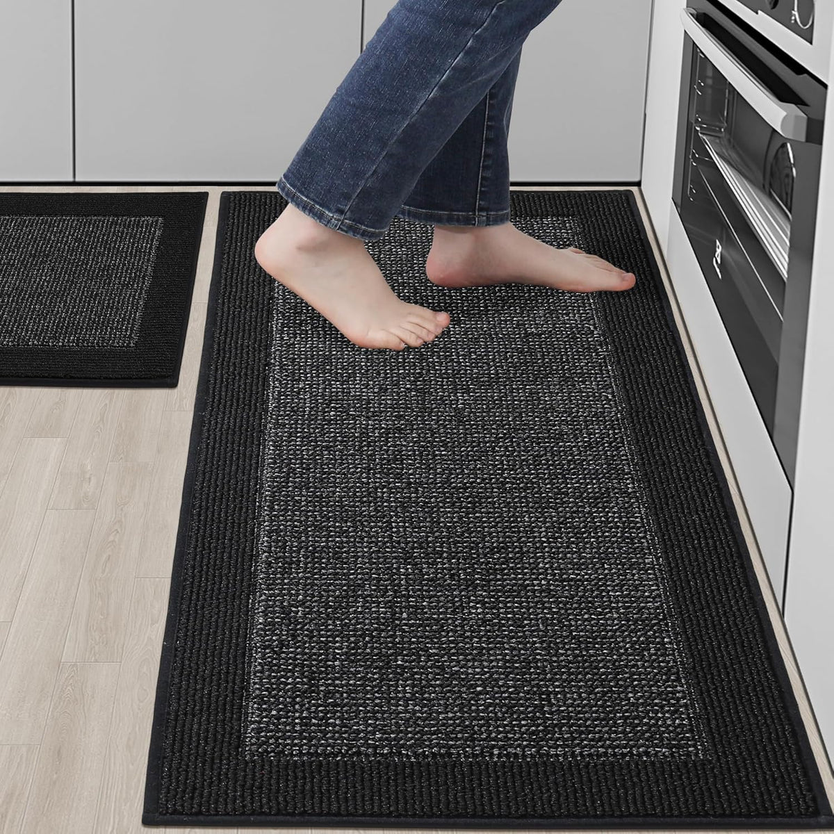 BEQHAUSE Kitchen Rugs and Mats Set of 2 Non-Slip Kitchen Mats for Floor, Absorbent and Stain Resistant Kitchen Runner, Machine Washable Rugs for Kitchen, Laundry & Sink, 20"x32"+20"x48", Black