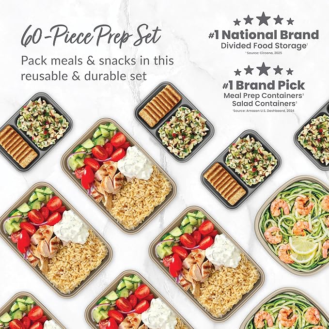 Bentgo Prep 60-Piece Variety Meal Prep Kit - Reusable PFAS & BPA-Free Food Containers 1-Compartment Trays, Prep Bowls, & Snack Boxes - Microwave, Freezer, & Dishwasher Safe (Gleam Metallics)