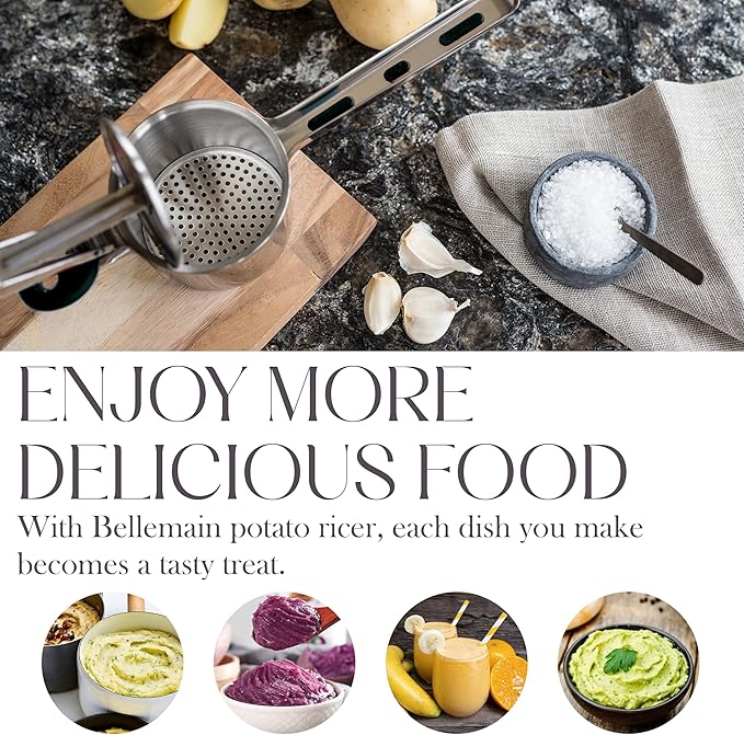 Bellemain 15 oz Large Potato Ricer | Heavy-Duty Stainless Steel Potato Ricer & Masher | Perfect for Mashed Potatoes | Kitchen Tool with 3 Interchangeable Discs (Black)