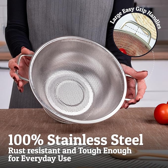 PriorityChef Premium 5Qrt Stainless Steel Colander for Kitchen, Durable Rice and Pasta Strainer with Handle, Rust-Resistant & Dishwasher Safe
