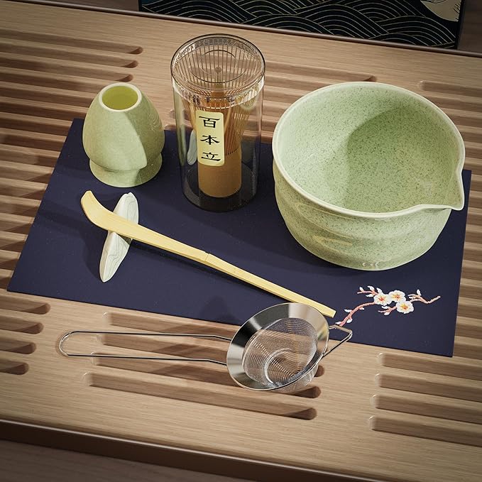 8-Piece Matcha Whisk Set – Ceramic Bowl & Bamboo Tools, Complete Japanese Matcha Tea Ceremony Kit, Green Speckled Chawan with Spout, Matcha Starter Set for Home Rituals & Gifts