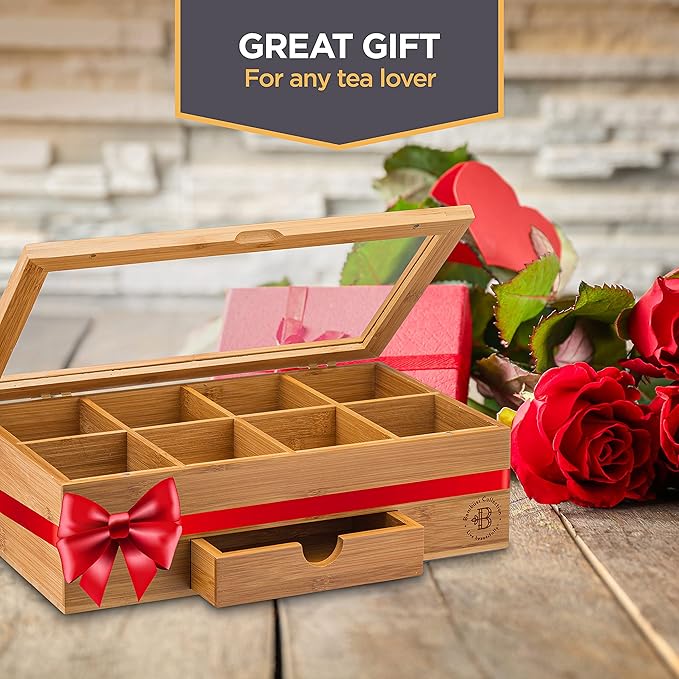 Personalized Tea Box with Custom Engraving - Bamboo Tea Bag Organizer with 8 Compartments, Acrylic Lid - Unique Mother’s Day Gifts for Mom, Grandma, Wife - Gift Idea for Tea Lovers (Tea Not Included)