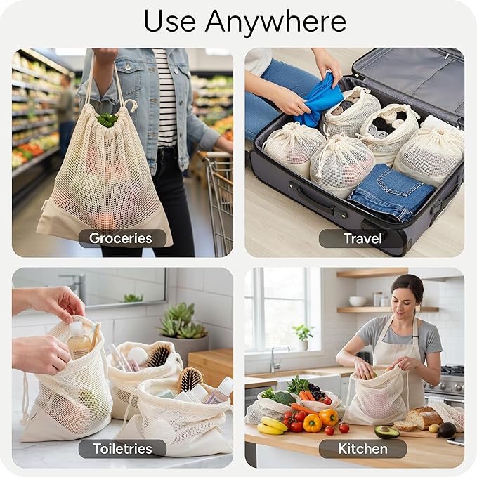 LEAFICO Reusable Produce Bags – 100% Cotton Mesh & Solid Hybrid (Small 8x10 inch 6 Pcs) – Cloth Grocery Bags for Garlic, Nuts, Onions, Bulk Snacks – Washable, Plastic-Free, Breathable, Zero Waste