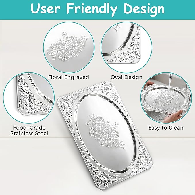 Silver Serving Trays, 6 Pcs Stainless Steel Serving Platters with Retro Engraved Design, 13.7 x 8.5 Inch for Serving Food, Appetizers, or as Decorative Accent at Home