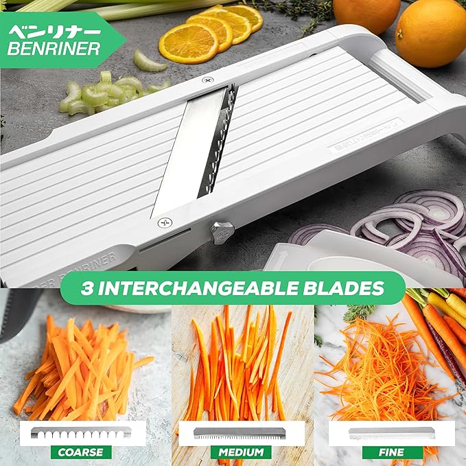 Benriner Japanese Mandoline Slicer – Vegetable Slicer with 4 Stainless Steel Blades, BPA-Free Adjustable Vegetable Cutter – Official US Version with Authentic Retail Packaging