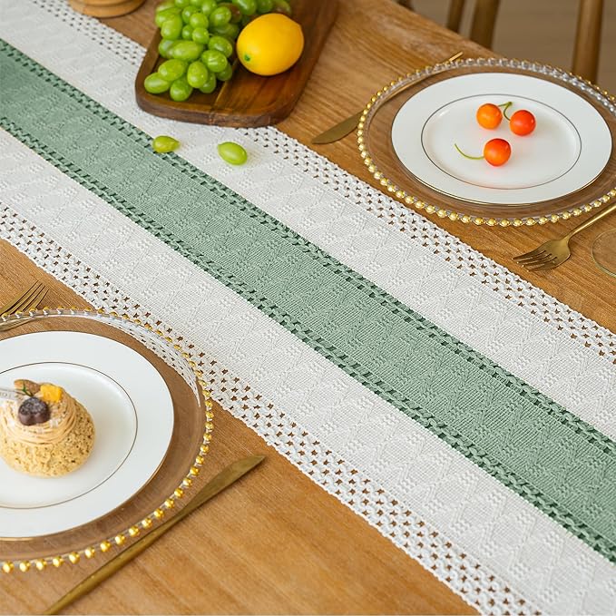 FEXIA Boho Table Runner for Home Decor with Tassels 60 Inches Long,Sage Green Farmhouse Rustic Table Runner Macrame Burlap Table Decoration for Living Room Bridal Shower(12x60 Inches)