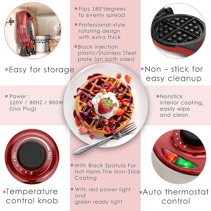 Moss & Stone Belgian Waffle Maker, Electric Flip Waffle Machine with Adjustable Temperature Control, Non-Stick Grids for Smooth Release, Compact 8-Inch Round Waffle Maker, Red