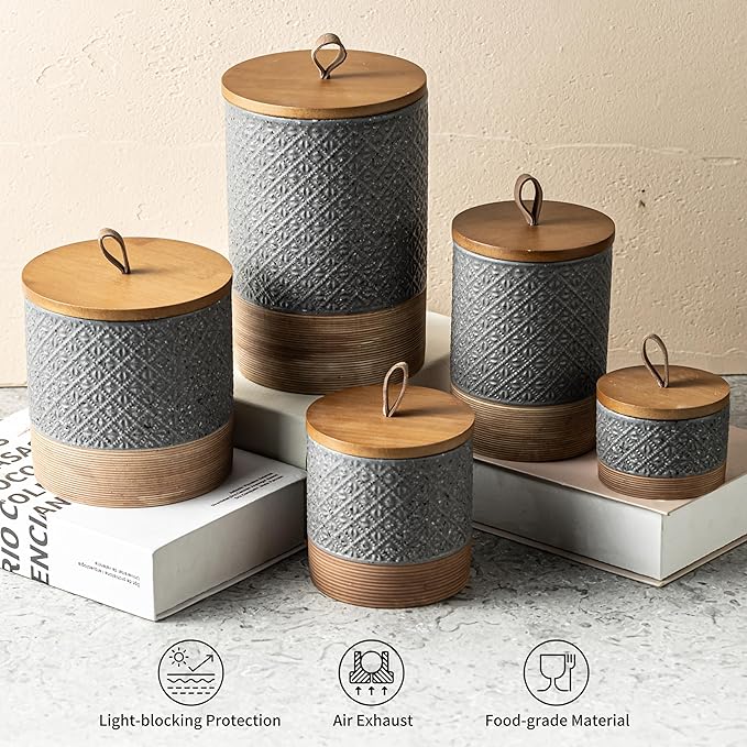 Miamolo Ceramic Spice Jars with Lids, Coffee Canister with Airtight Lid, Small Kitchen Food Storage Jars for Spice Sugar Tea Bag, Stackable Decor Kitchen Jar for Counter - Gray & 20 fl.oz