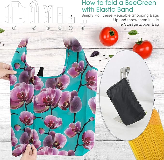 BeeGreen 12 Packs Flower Reusable Grocery Bags Reusable Tote Bags Extra Large 50LBS Cute Floral Design Foldable Reusable Bags for Women Men Lightweight Durable