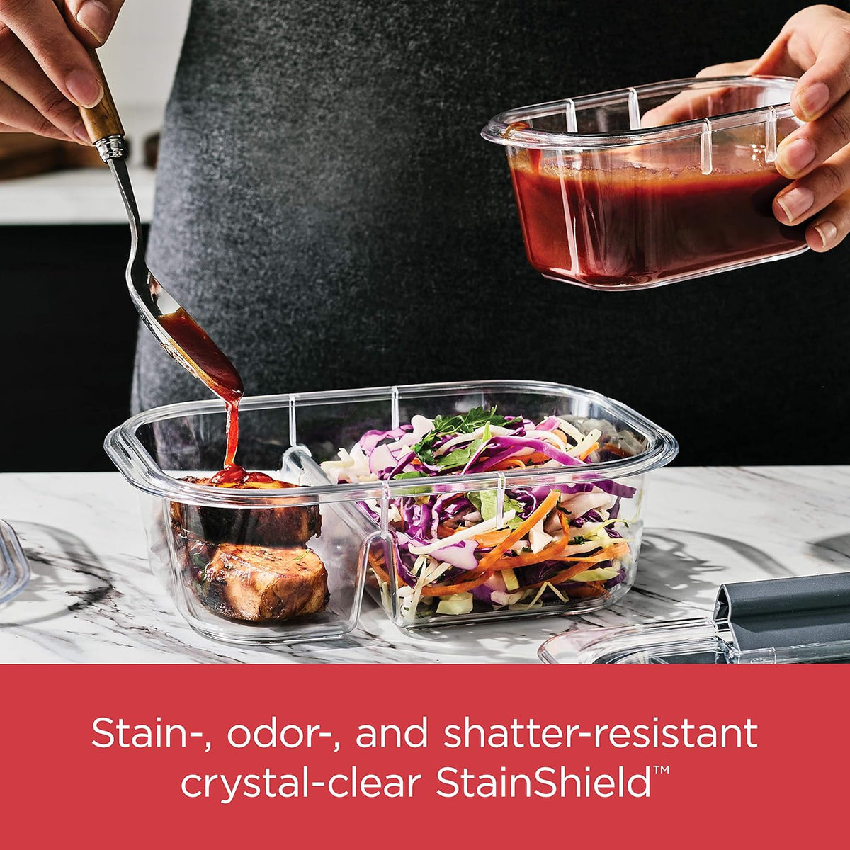 Rubbermaid Brilliance Meal Prep Containers, 2-Compartment Food Storage Containers, 2.85 Cup, 5-Pack, BPA-Free, Clear/Grey