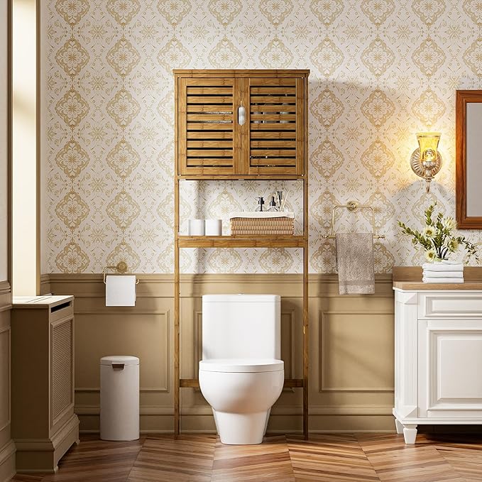 SMIBUY Bathroom Storage Shelf with Cabinet, Bamboo Over-The-Toilet Organizer Rack, Freestanding Toilet Space Saver with 3-Tier Adjustable Shelves (Walnut)