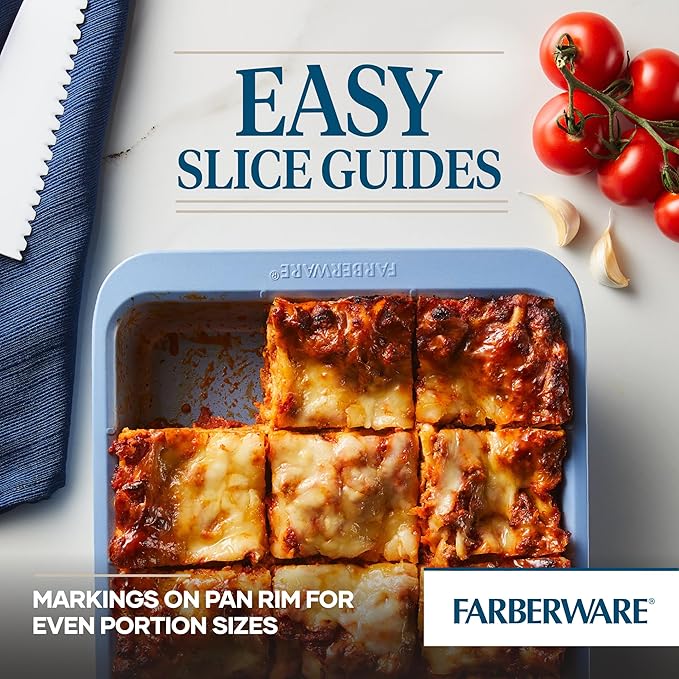 Farberware Easy Solutions Nonstick Baking Set, Includes Cookie Pans, Loaf Pan, and Cake Pan with Portion Marks, 4 Piece, Non Stick Bakeware Set - Blue