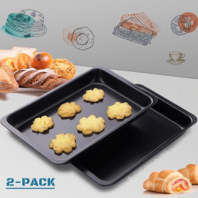 Baking Sheet Pans, Cookie Tray, Nonstick Heavy Carbon Steel Bakeware, 2-Pack, 12 X 7.5 Inches (Inner 11 X 6.9)