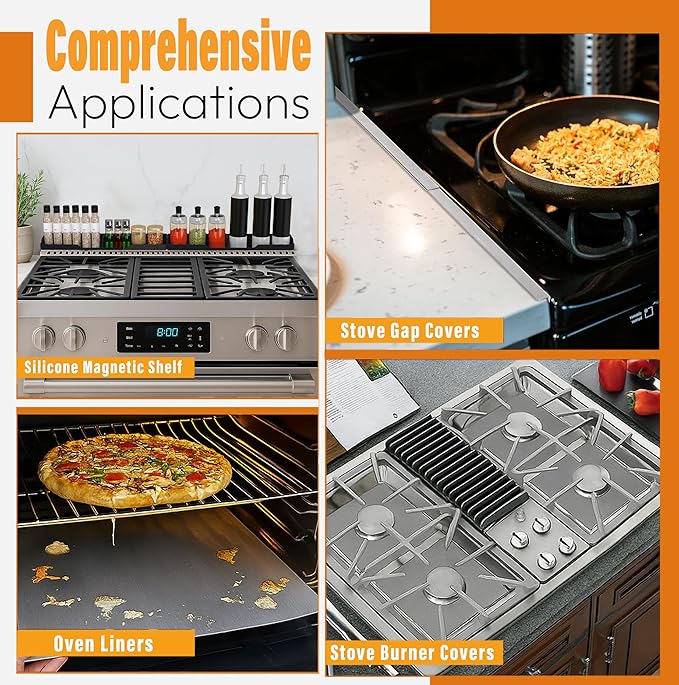 Stove Gap Covers Stainless Steel 2PC(0.08"–0.7"W,13.8"–27.5"L)+4PC Gas Burner Covers+2PC Oven Liners+30"(2x15") Silicone Magnetic Stove Shelf|Universal Gas Stove Accessory Bundle Bonus 3 Brushes