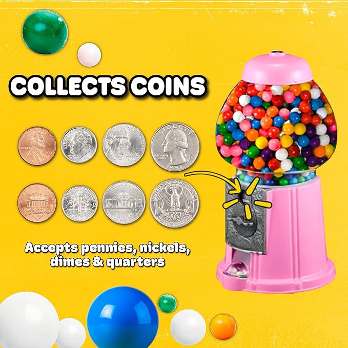 11-Inch Mini Gumball Machine - Vintage Candy Dispenser with Glass Globe, Metal Base, and Free Spin Coin Mechanism by Great Northern Popcorn (Pink)