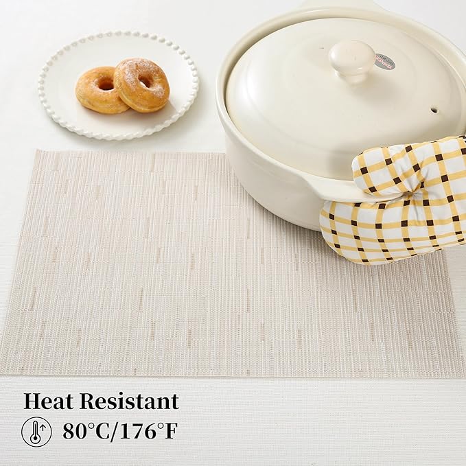 Leetaltree Pale Beige Placemats Set of 12 - Heat Resistant Non-Slip Place mats for Dining Table, Washable Durable PVC Vinyl Woven Table Mats（Pale Beige, 12）